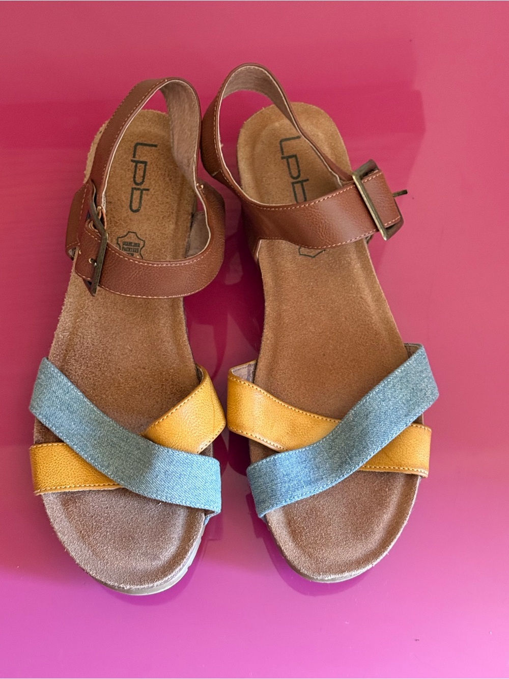 LPB Two-Tone Strappy Sandals in Brown, Yellow & Denim Blue